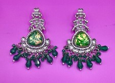 Chandbali Earrings Silver Tone with Light greenBeads & Marbled - Indian Jumka