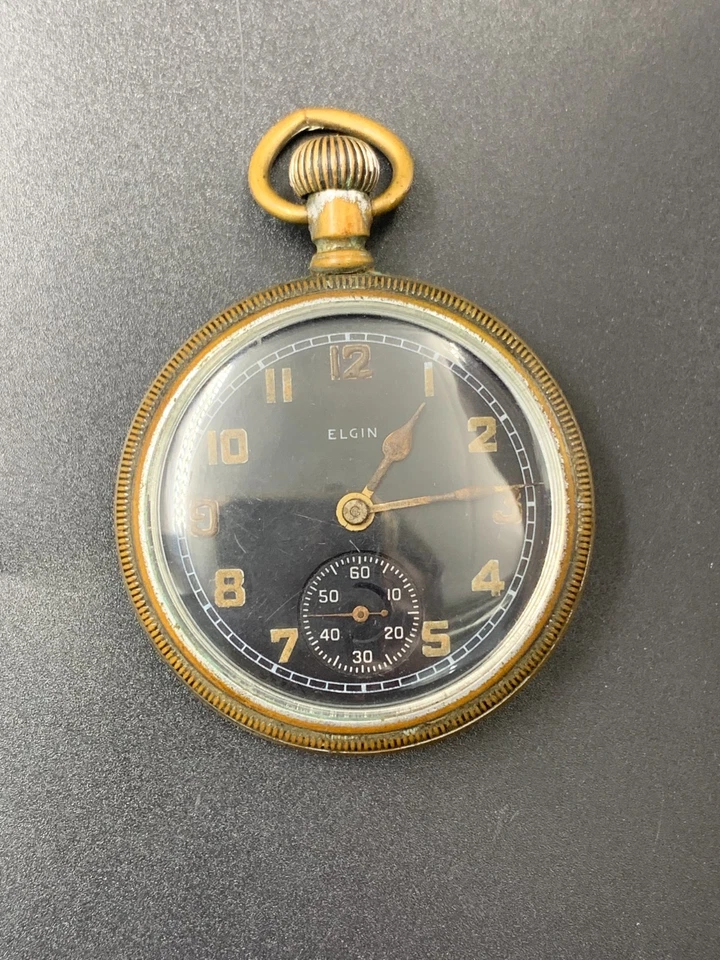 VINTAGE ELGIN NATIONAL WATCH CO POCKET WATCH MILITARY USA 1940'S BLACK 52MM BIG - Image 2 of 4