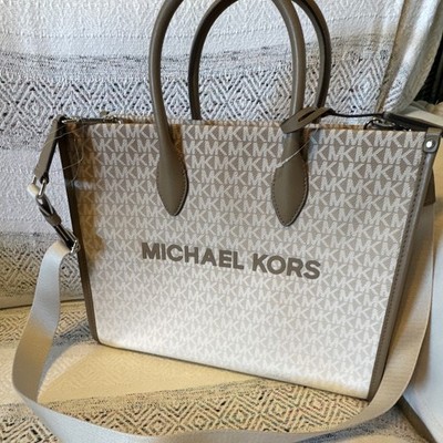 Michael Kors Medium EW Tote Beige Logo Zip Lined Pockets Detachable Strap