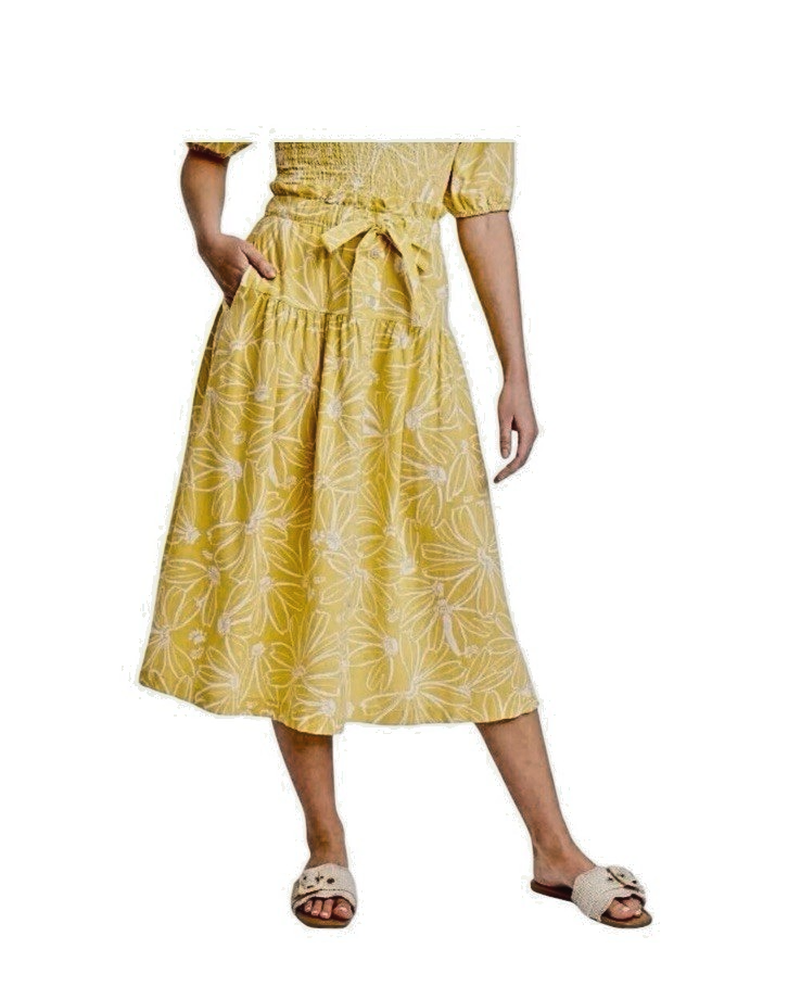 Womens Boho Cottagecore Skirt L Yellow Linen Cotton Flowy Romantic Floral Prep