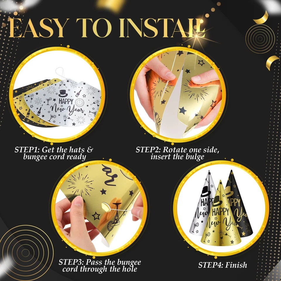 48 Piezas Sombreros de Fiesta Feliz Año Nuevo a Granel Negro Dorado Plata Cono Sombrero para... Foto 3 de 4