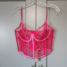 New SKIMS Embroidered Tulle Unlined Demi Corset Punch Pink Hearts CR-CRT-7427W L