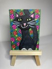 ACEO Original Painting Black Cat Folk Art Floral Feline Bright Colorful Kitty — photo 2