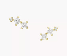 FOSSIL GOLD TONE,GLITZ 3 CRYSTALS HAZEL CLASSIC BRASS STUD CLIMBER EARRINGS