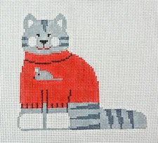 Hand-painted Needlepoint Canvas, Kitty in Mouse Sweater, 18" mesh, NEW