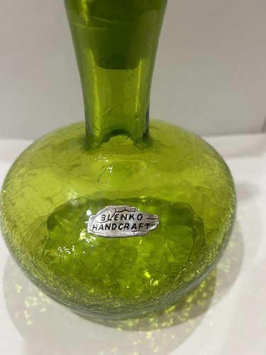 VINTAGE BLENKO CRACKLED GLASS OLIVE GREEN DECANTER BOTTLE WITH STOPPER - Picture 3 of 6