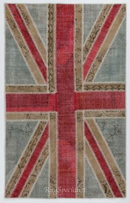 Union Jack British Flag Design Patchwork Rug Made from Re-Dyed Vintage Carpets