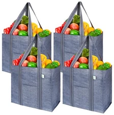 VENO 4 Pack Reusable Grocery Shopping Bag w/ Hard bottom, Foldable, Multipurpose