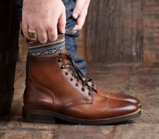 Handmade Brown Leather Oxford Toe Cap Boots, Men's High Ankle Lace up Dress Boot