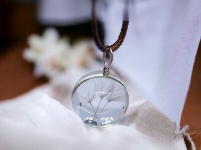 Dandelion Wish Necklace Clear Resin Sphere Pendant Good Luck Charm Jewelry Fluff