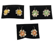 ORECCHINI FIORE METALLO ARGENTO ARANCIO VERDE GIALLO BIGIOTTERIA VINTAGE CM 3