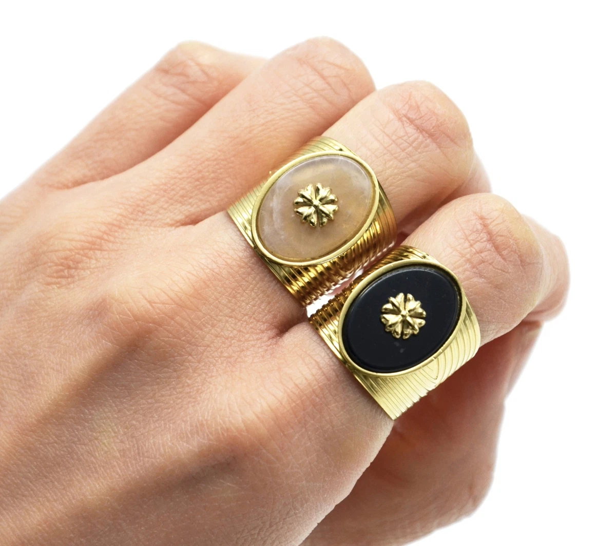 BG1267 Bague Manchette avec Pierre Ovale Beige Ros et Fleur