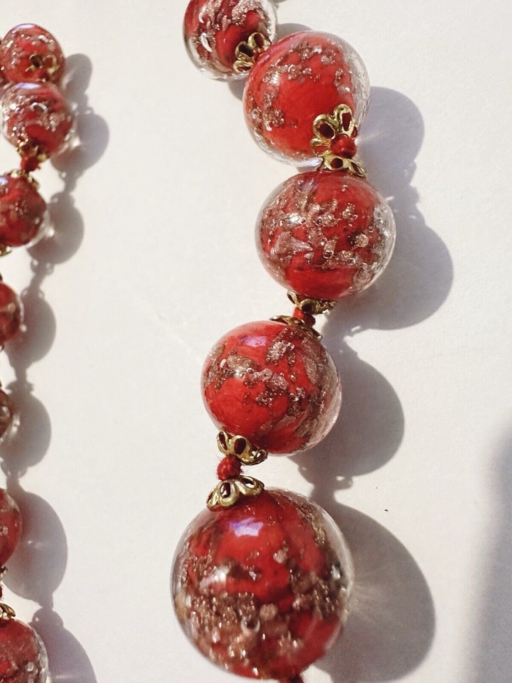 Vintage Sommerso Murano Red Gold Glitter Glass Bead Necklace 57cm