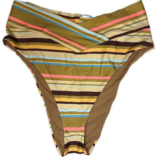 Aerie High Cut Cheeky Bikini Bottom Size L | Brown Pink Blue Orange Stripes NWT