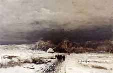 Oil painting louis apol - a late afternoon in winter with figure horses canvas