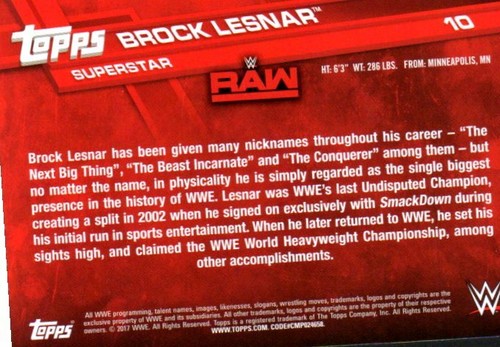2017 Topps WWE Wrestling Card #10 Brock Lesnar - Picture 2 of 2