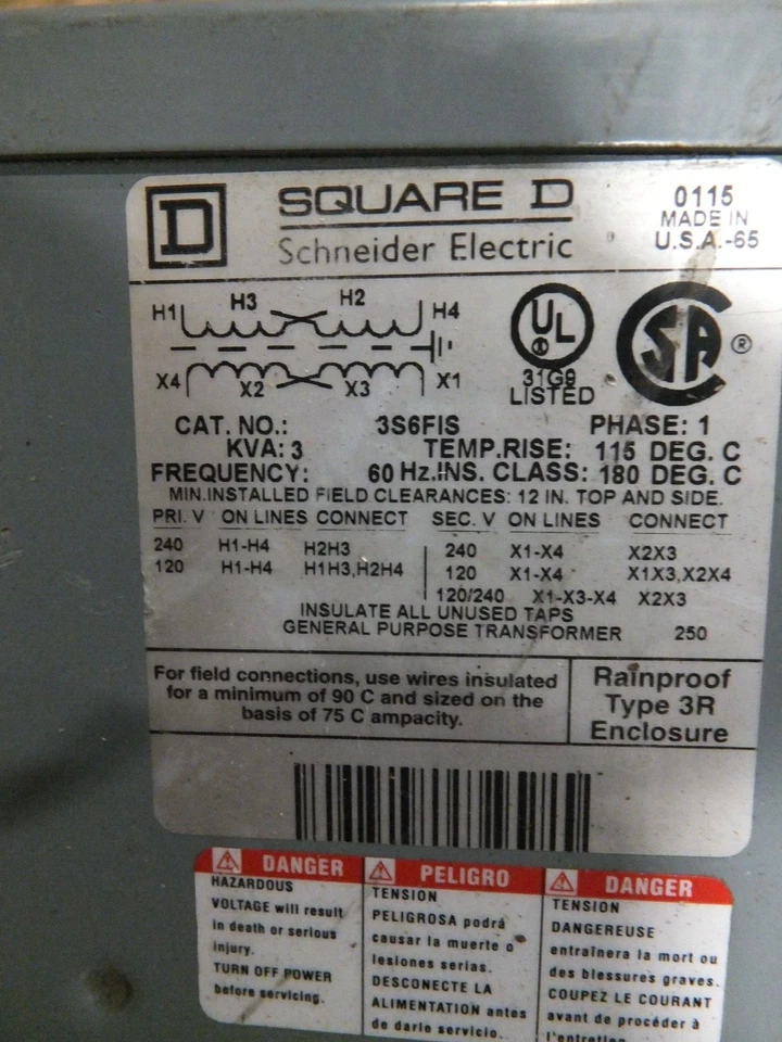 TRANSFORMADOR CUADRADO D CAT# 3S6F1S 3 kVA 1Ø PRIM: 240/120v SEC: 240/120v Foto 2 de 4