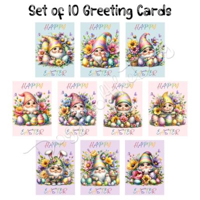 Easter Gnomes Greeting Card and Note Card with Envelopes Set of 10 Cards NWT