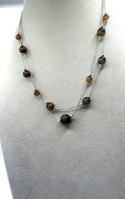 Brown Glass Cats Eye Layered Beaded Silver Tone Necklace 