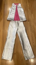 Vintage Silver Metallic Acetate Quilted Space-Age Two Piece Suit Set 1970's