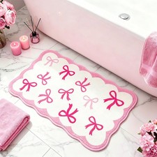 Pink Bow Bathroom Rug Scalloped Mat Non Slip Washable Coquette 16.9x29.9 Inch