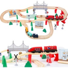 Holzeisenbahn Set Zug Kinder, 72 Stück Elektrische Eisenbahn aus Holz Kompati...
