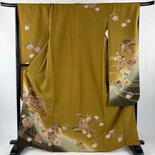 JAPANESE KIMONO FURISODE OCHRE 166cm 5 ft 5 in PURE SILK B2395