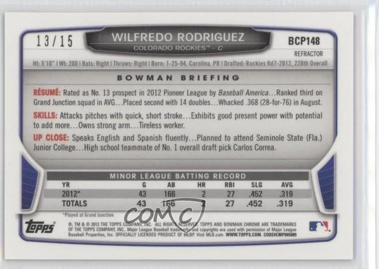 2013 Bowman Chrome Prospects Black Refractor /15 Wilfredo Rodriguez #BCP148 - Image 2 of 2