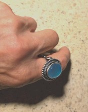 Aqua Chalcedony Large Gemstone 925 Sterling Silver Handmade Ring Sz. 7.5