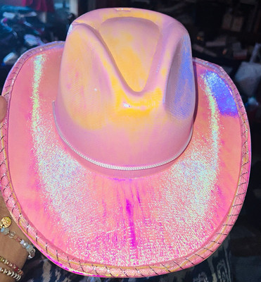 Iridescent  Pink/White Cowboy Hat with Pink Fringe Chaps Light up One Size 3 pc