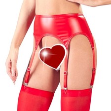 Sexy Damen Dessous Strapsg&uuml;rtel mit Str&uuml;mpfen Wetlook Set 6 Strapse rot "Marilu"