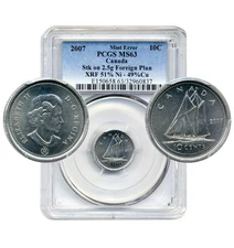 2007 Canada 10 Cents, MINT ERROR, Struck on 2.5g Foreign Plan - PCGS MS63