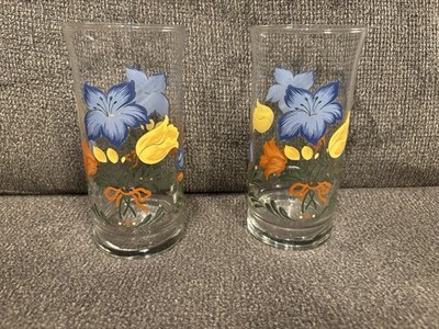 Set Of 2 Vintage Libbey Blue Yellow And Orange Flower Tumblers 6  Tall