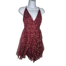 Lulus Maroon Gold Star Tulle Dress Size L Crisscross Back Party Cocktail Fairy