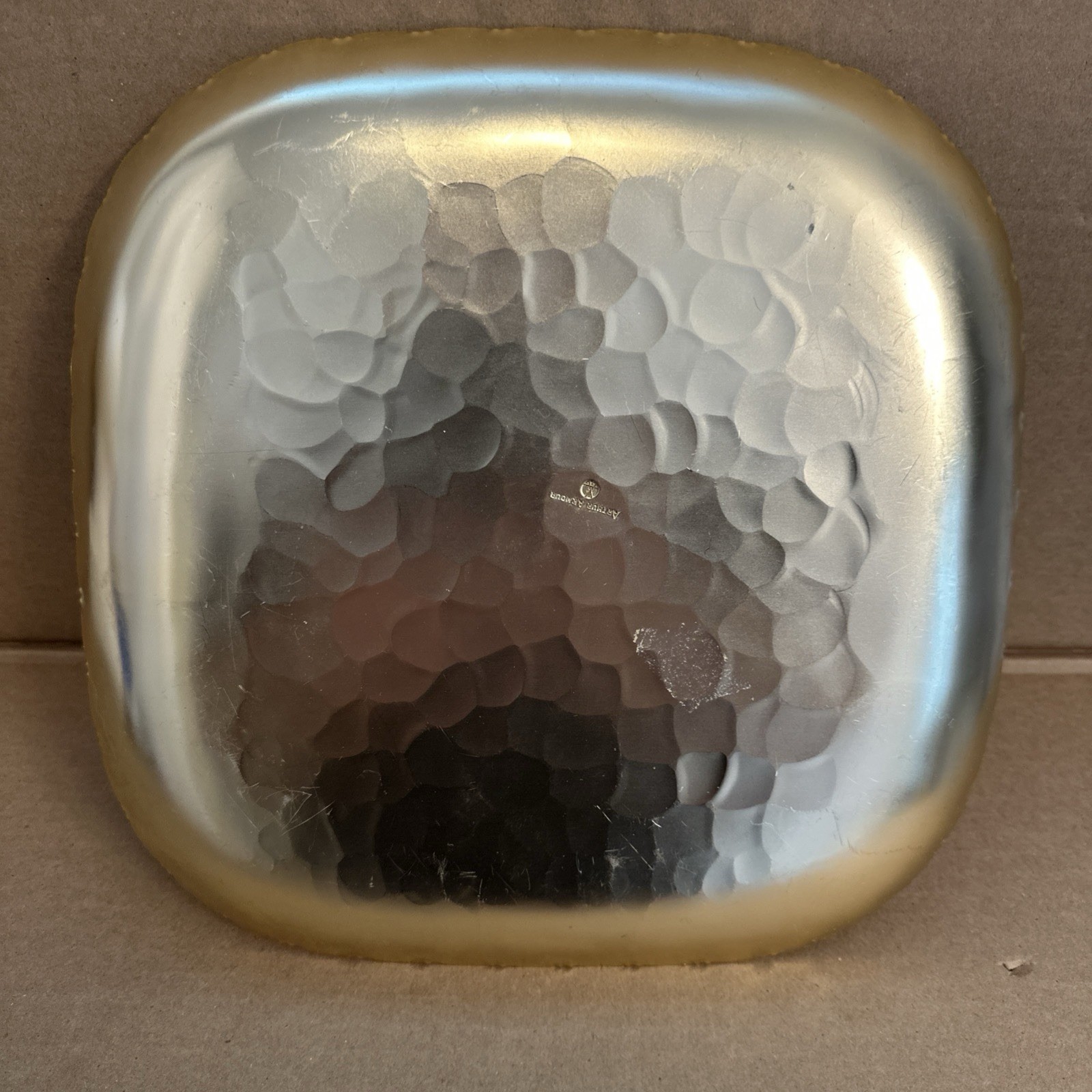 Arthur Armour Hammered Aluminum Gold Tray Tree Church Scene 11-5/8" x 11-5/8"