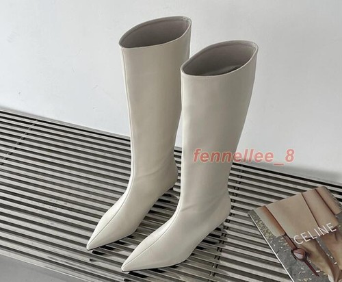 Womens Fashion Winter Pointy Toe Pure Color Slip on Knee Boots Kitten Mid Heels - Picture 12 of 19