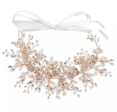 Braut Brautjungfer Hochzeit Rosegold Vintage Haarranke Diadem Kristalle Blume Blatt