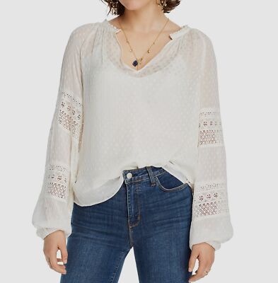 NWT $454 LINI Women White Dot Sheer Long-Sleeve V-Neck Casual Blouse Top Size M
