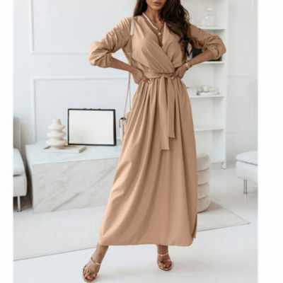 Women V Neck Maxi Wrap Dress Ladies Long Sleeve OL Work Casual Loose Shirt  Dress | eBay