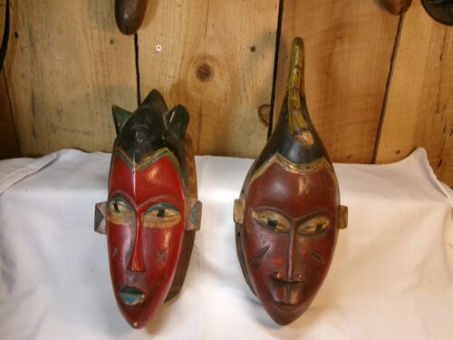 Lot of 2 Vintage Hand Carved Wooden Folk Art African Themed Mask Wall Hangings