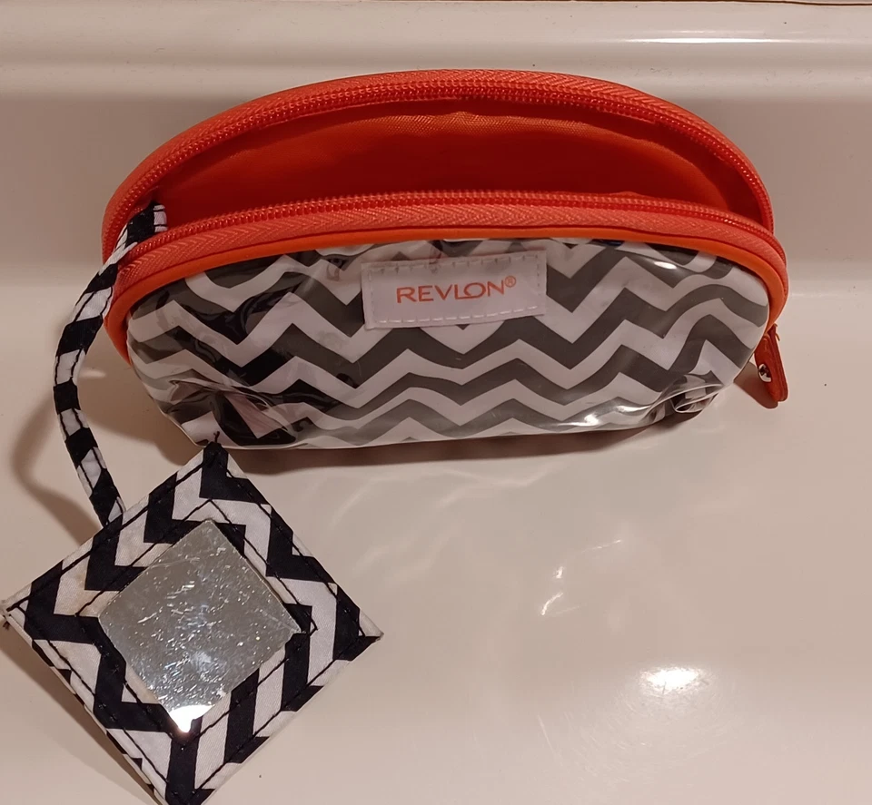 Vintage REVLON  Plastic Makeup Bag w/mirror black/white Chevron with Coral  MCM - Image 4 of 4