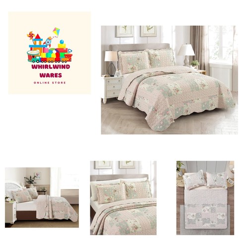 Rose and Sage Quilt Set, 3-Piece Bedding Sets, Traditional Patchwork Design, ...