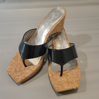 Jessica Simpson Wedge Sandal Vandy Black Cork Womens Sz
