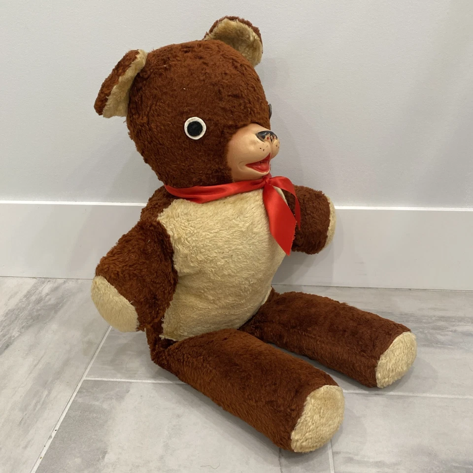 VINTAGE 24” RUBBER FACE PLUSH TEDDY BEAR YELLOW BROWN GOOGLY EYES 1950S 6OS TOY - Image 2 of 4