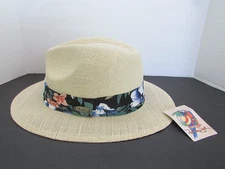 Vintage Panama Jack Adult Hat Floral Band, tan Tao Straw, Hawaiian-large-New WT