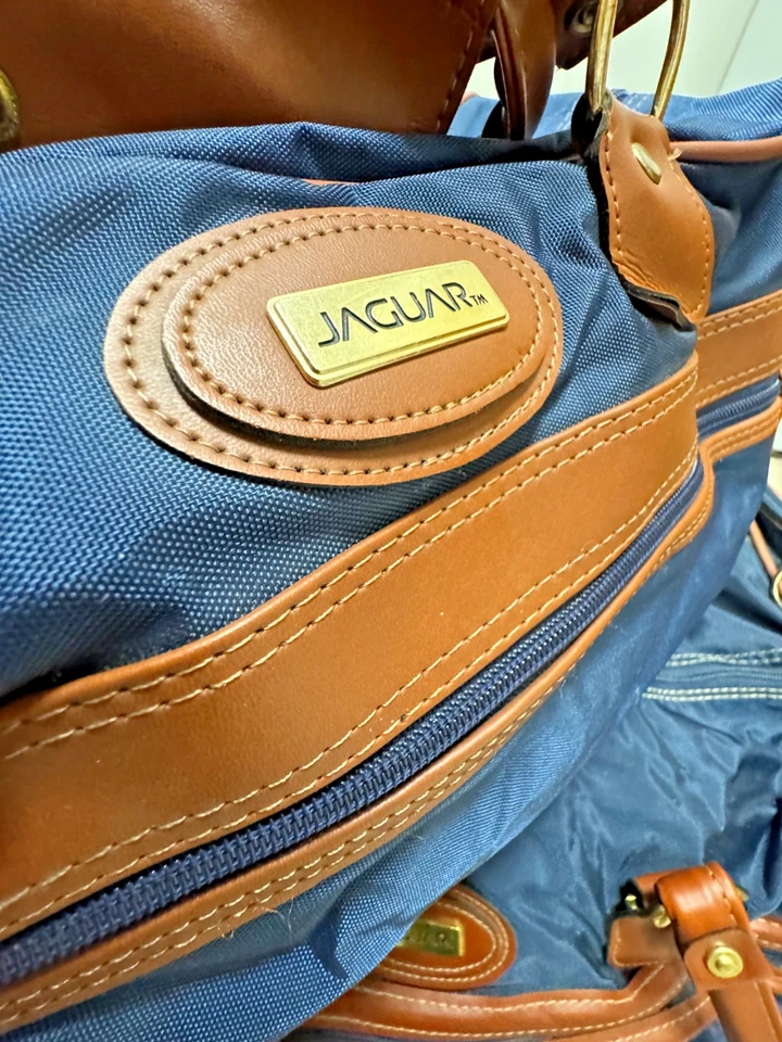 Bolso de fin de semana Jaguar vintage de cuero azul/marrón con bolsa de lona grande COMBO Foto 2 de 2
