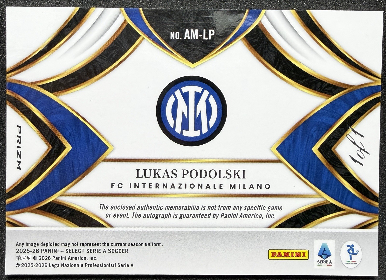 2025-26 Panini Select Serie A Lukas Podolski Auto Memorabilia Black Auto 1/1 view 4