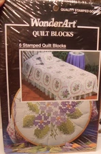 NIP WonderArt Stamped For Embroidery 6 Quilt Blocks 17" x 17'  Violets #1975