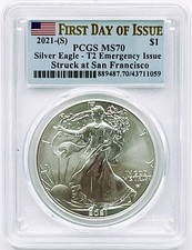 2021-S T2 Silver Eagle Emergency Issue PCGS MS70 FIRST DAY OF ISSUE FDOI FLAG