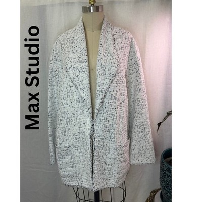 Max Studio 2X Bouclé Tweed Open Front Longline Blazer Coatigan White BlackJacket